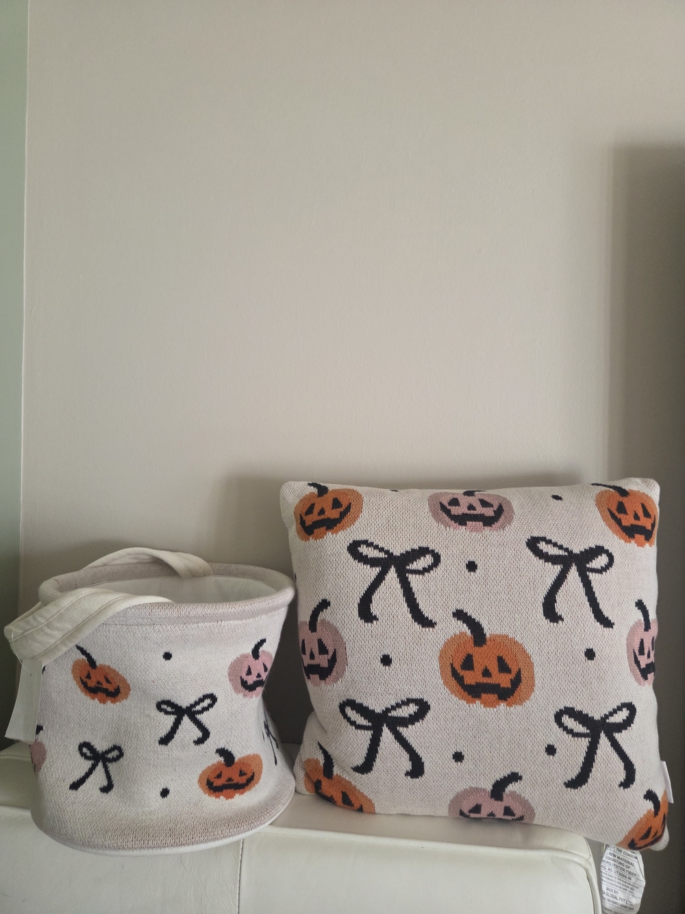 Halloween Pumpkin Knit Decorative Pillow and Basket Set - Cream, Orange, Pink